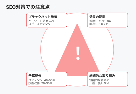 SEO対策における4つの重要な注意点を警告マークを中心に配置。ブラックハット施策の禁止、効果が出るまでの期間、予算配分、継続的な取り組みの重要性を説明