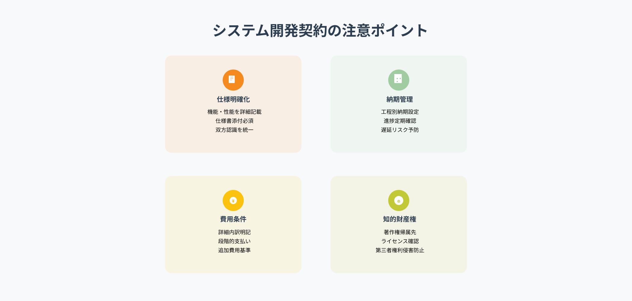 システム開発契約の4つの重要注意ポイントを解説:仕様明確化、納期管理、費用条件、知的財産権