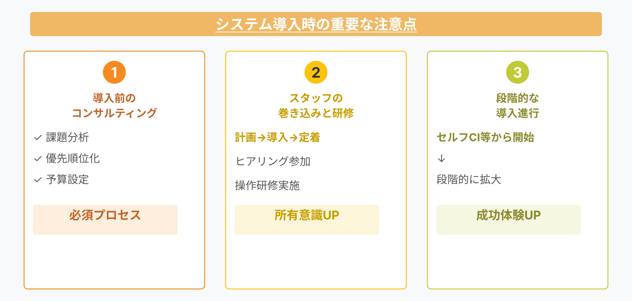 システム導入時の重要な注意点：導入前のコンサルティング（課題分析・優先順位化・予算設定）、スタッフの巻き込みと研修（計画→導入→定着の3段階）、段階的な導入進行（セルフCI等から開始し段階的に拡大）