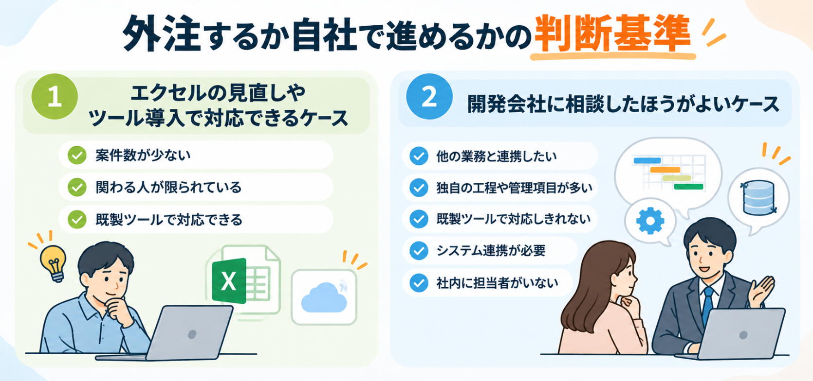 工程管理の移行を自社で進めるか開発会社へ外注するかの判断基準