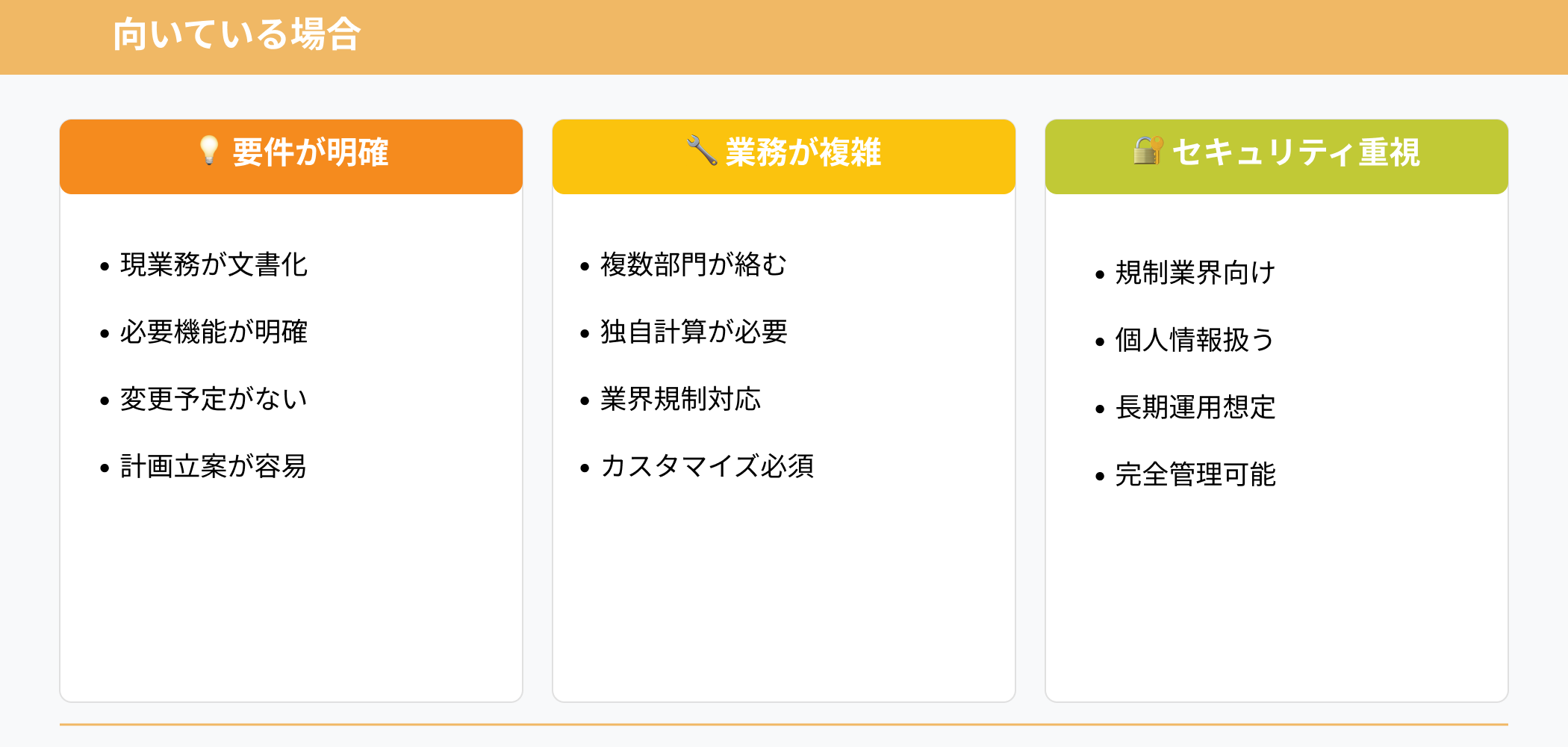 スクラッチ開発が最適な3つのシナリオ：要件が明確な場合、業務が複雑な場合、セキュリティ重視が必要な場合を示すパネル図