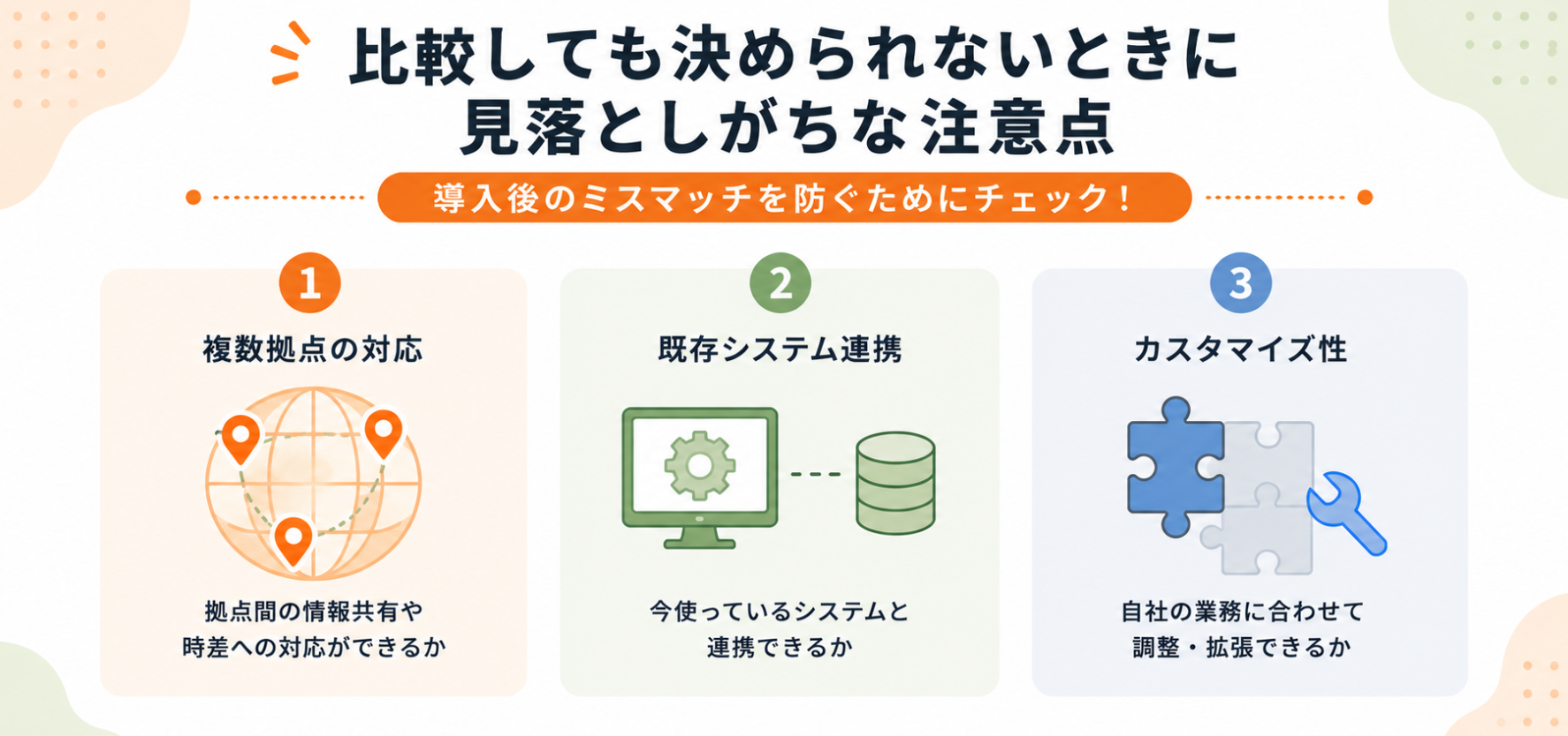 プロジェクト管理ツール選びで見落としやすい複数拠点対応・既存システム連携・カスタマイズ性の3つの注意点をまとめたインフォグラフィックプロジェクト管理ツール選びで見落としやすい複数拠点対応・既存システム連携・カスタマイズ性の3つの注意点をまとめたインフォグラフィック