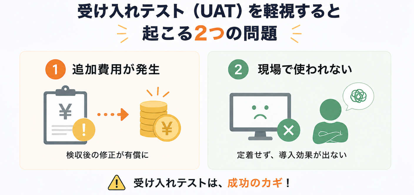 受け入れテストを軽視した場合に起こる追加費用と現場で使われない問題