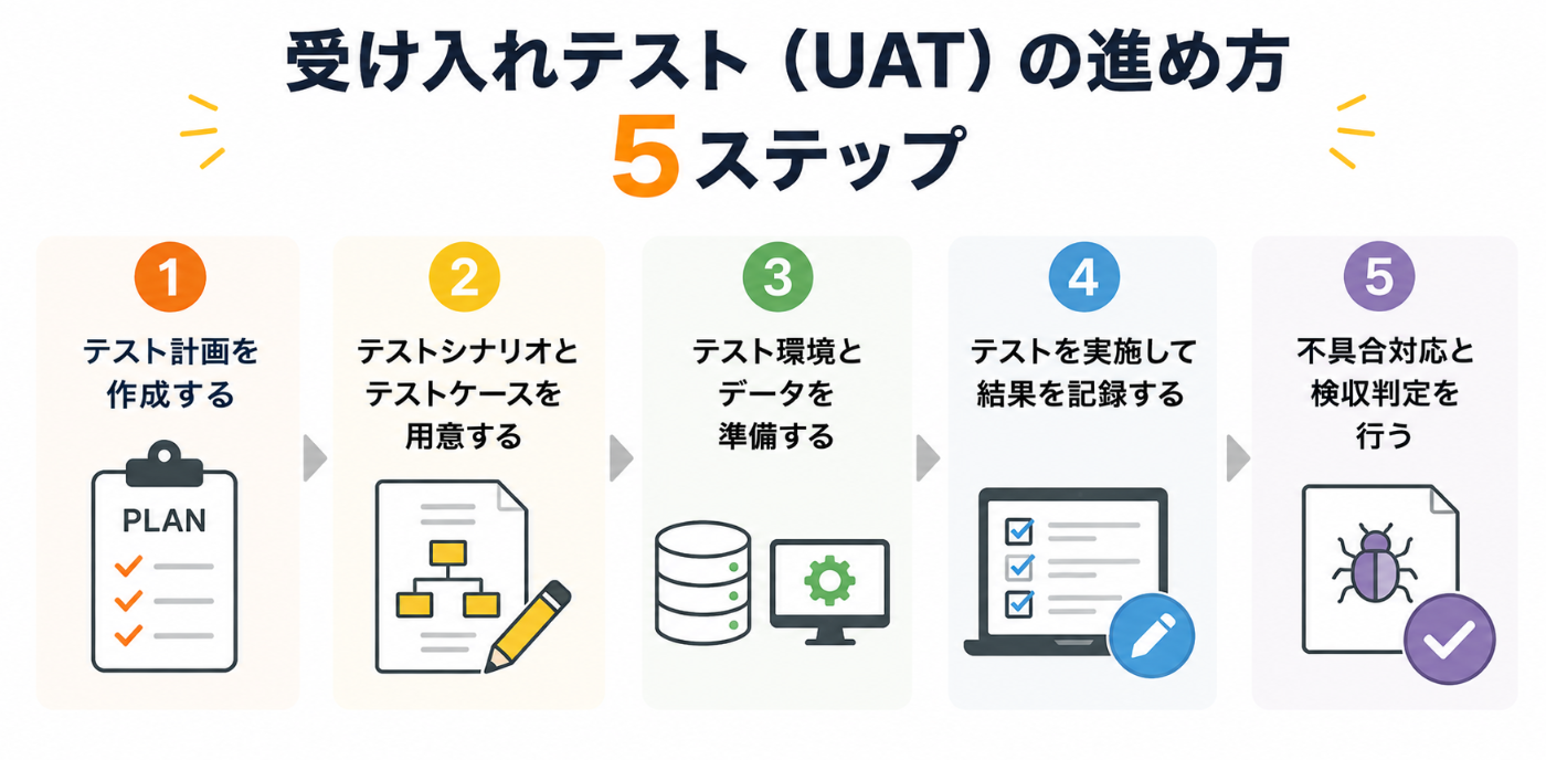 受け入れテスト（UAT）の進め方を示した5つのステップ