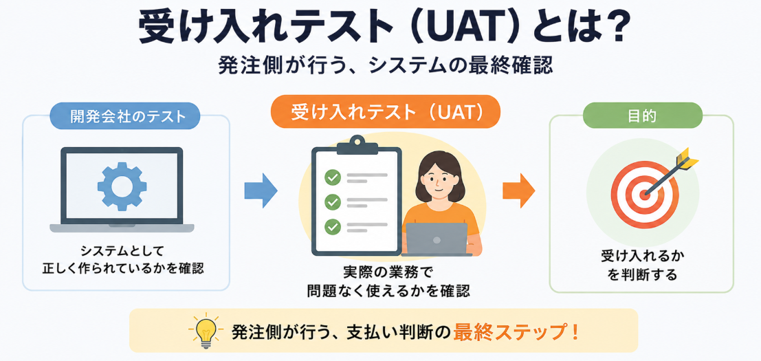 受け入れテスト（UAT）で発注側が業務で使えるか確認する最後の工程