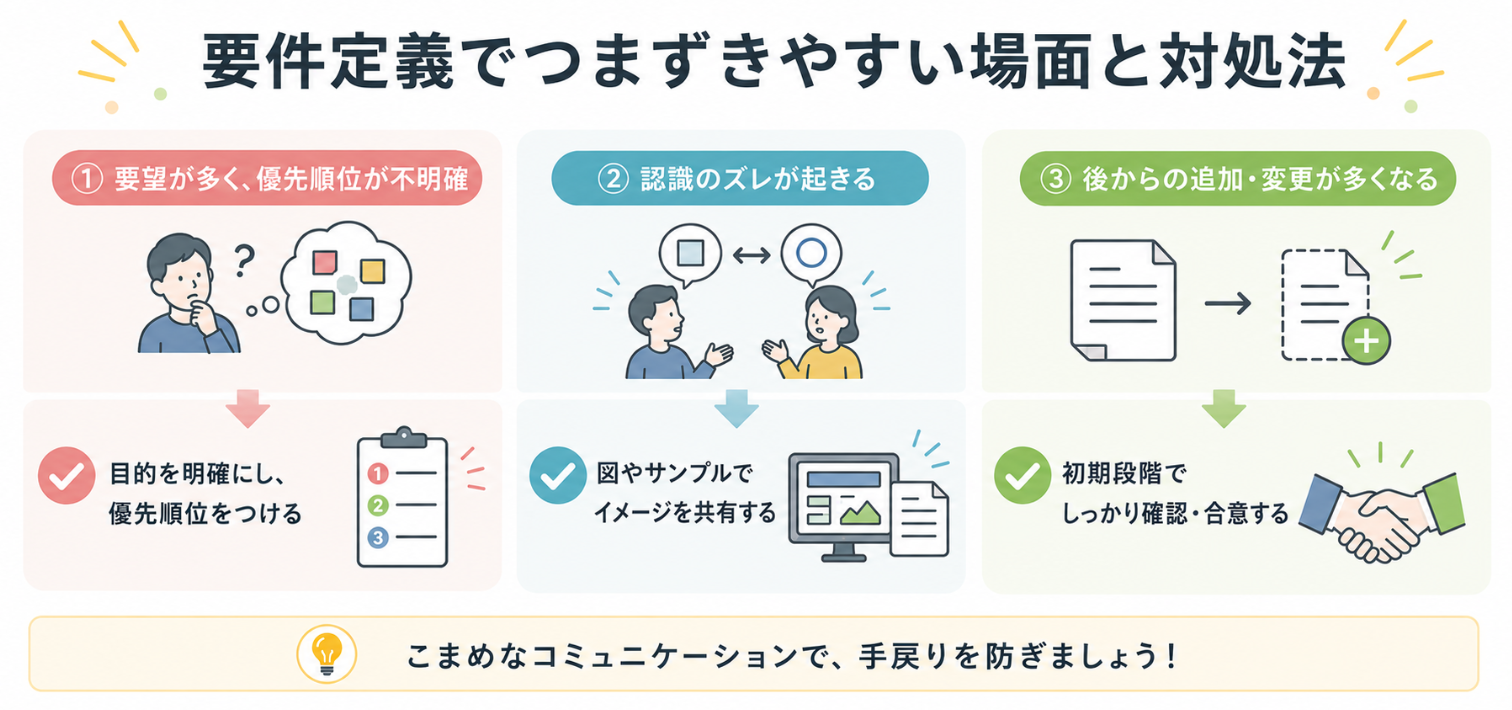要件定義で起こりやすい部署間の要望の食い違いや認識のずれ、判断保留、追加要望と対処法を示した図解