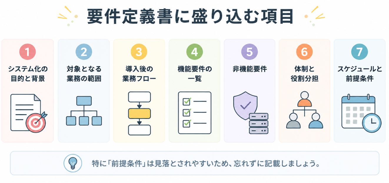要件定義書に記載するシステム化の目的、業務範囲、業務フロー、機能要件、非機能要件、体制、スケジュールなどの項目を示した図解