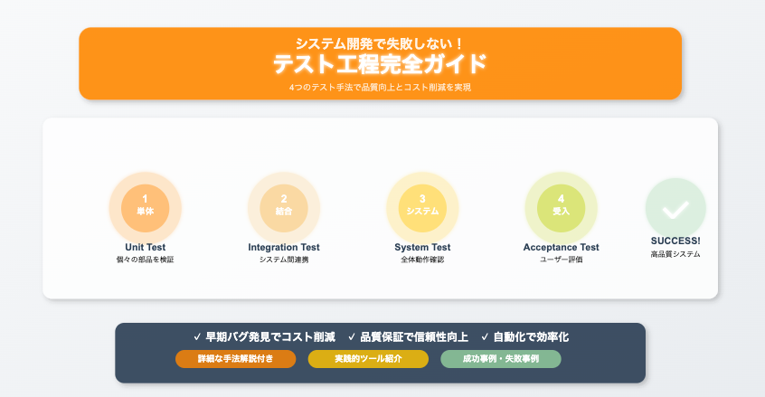 システム開発テスト工程完全ガイドのアイキャッチ画像。4段階のテスト手法で高品質システム開発を実現する方法を紹介
